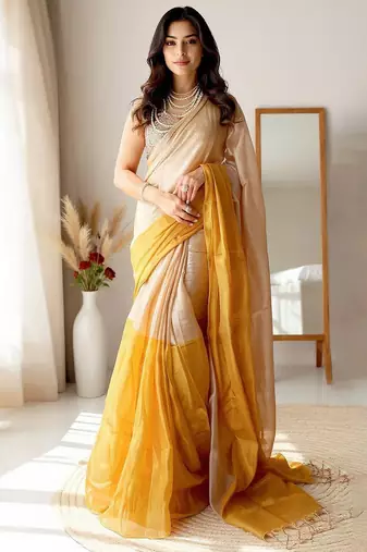 Beige zari tissue kasavu saree