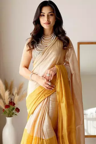 Beige zari tissue kasavu saree