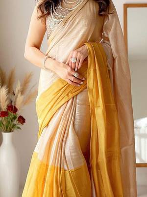 Beige zari tissue kasavu saree 3