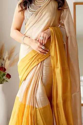 Beige zari tissue kasavu saree