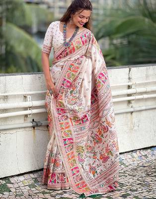 White ethnic motifs woven design pashmina saree 3