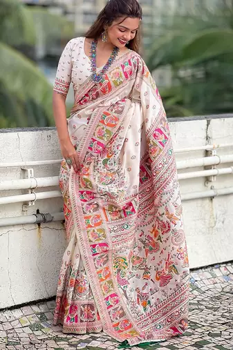 White ethnic motifs woven design pashmina saree