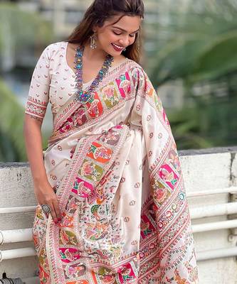 White ethnic motifs woven design pashmina saree 4