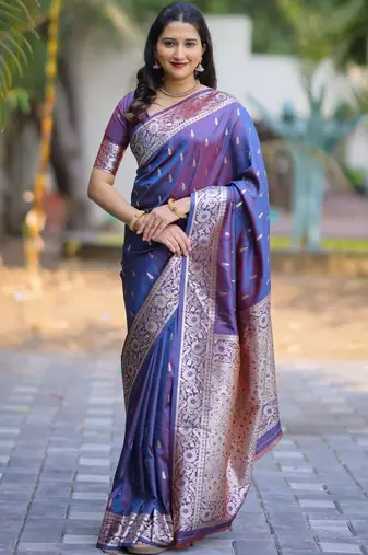 Navy blue blue soft banarasi silk zari weaving saree matching blouse piece