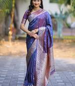 Navy blue blue soft banarasi silk zari weaving saree matching blouse piece