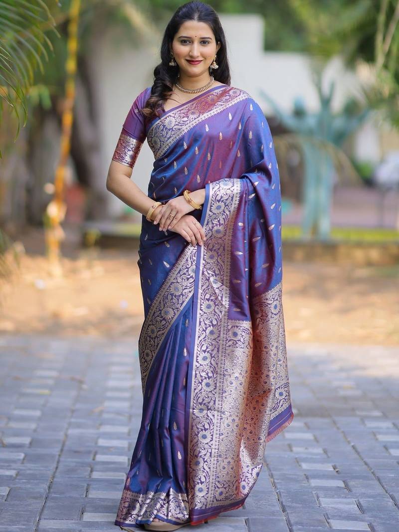 Navy blue blue soft banarasi silk zari weaving saree matching blouse piece