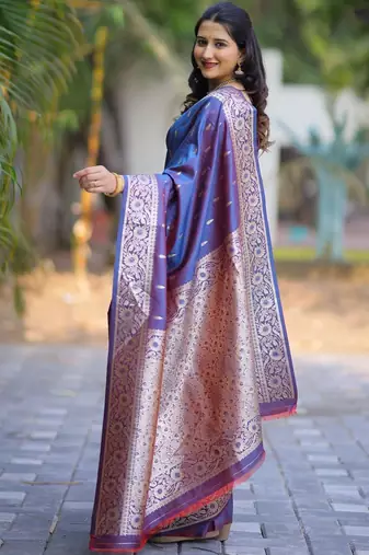 Navy blue blue soft banarasi silk zari weaving saree matching blouse piece