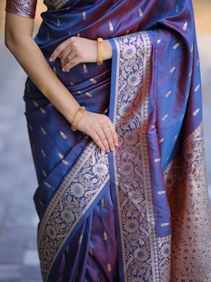 Navy blue blue soft banarasi silk zari weaving saree matching blouse piece 4