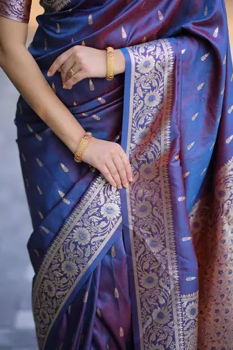 Navy blue blue soft banarasi silk zari weaving saree matching blouse piece