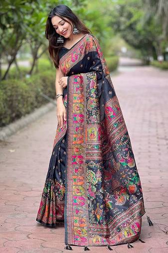 Black ethnic motifs pashmina saree