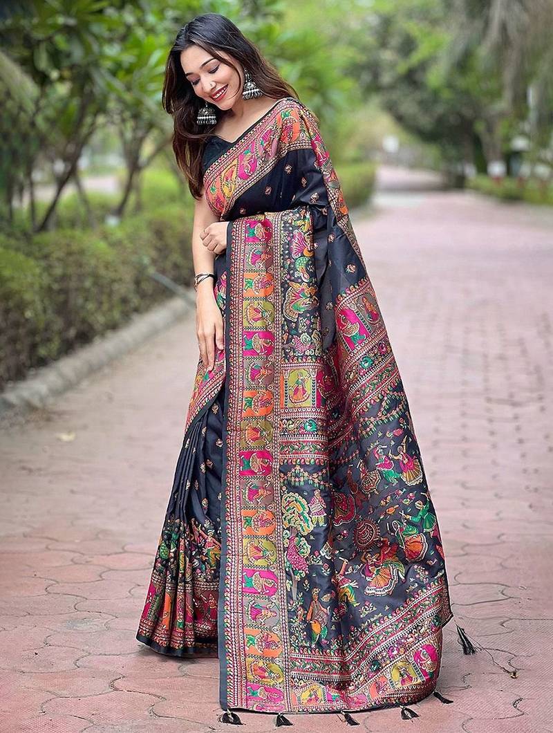 Black ethnic motifs pashmina saree