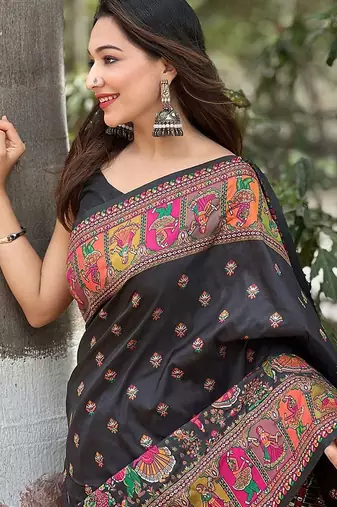 Black ethnic motifs pashmina saree