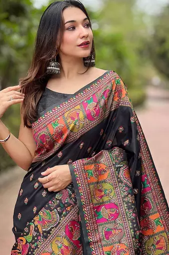 Black ethnic motifs pashmina saree