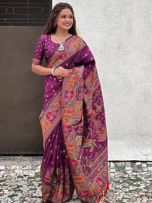 Purple kalamkari printed pashmina saree 1