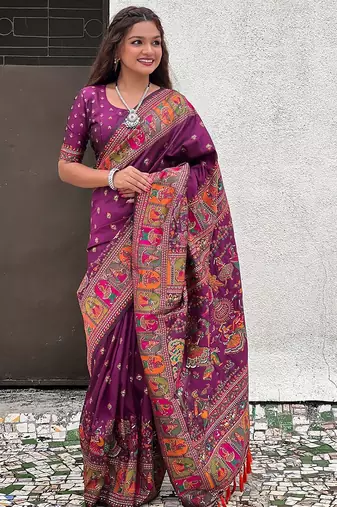 Purple kalamkari printed pashmina saree