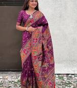 Purple kalamkari printed pashmina saree