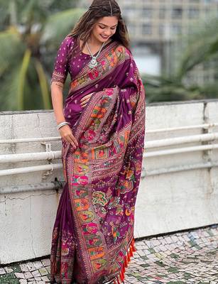 Purple kalamkari printed pashmina saree 2
