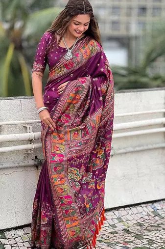 Purple kalamkari printed pashmina saree