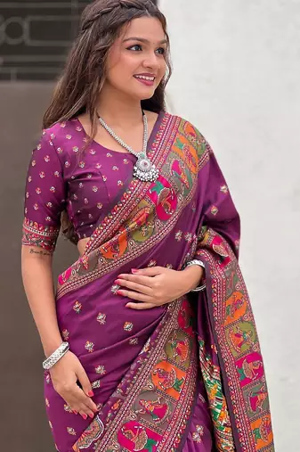 Purple kalamkari printed pashmina saree