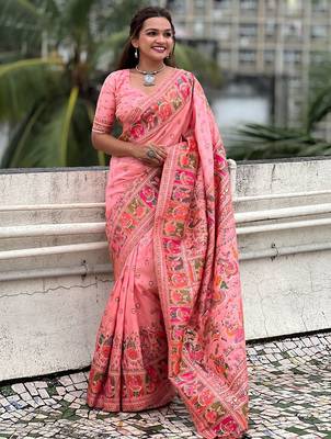 Pink ethnic motifs pashmina saree 1