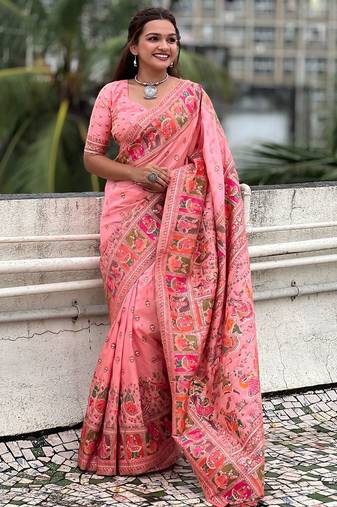 Pink ethnic motifs pashmina saree