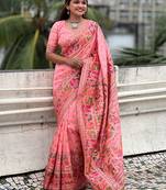Pink ethnic motifs pashmina saree