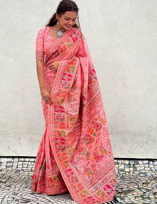 Pink ethnic motifs pashmina saree 2