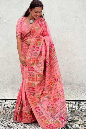 Pink ethnic motifs pashmina saree