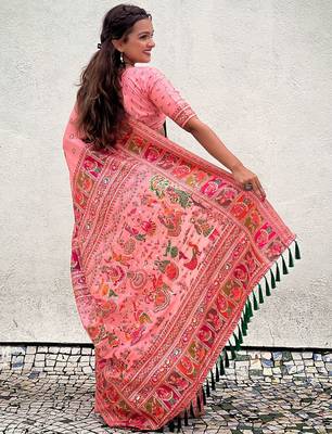 Pink ethnic motifs pashmina saree 3