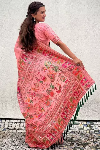 Pink ethnic motifs pashmina saree
