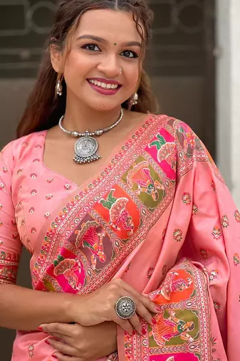 Pink ethnic motifs pashmina saree