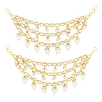 Gold plated white kundan studded earrings chain ethnic stylish fashion hair accessories jewellery gift for women 1