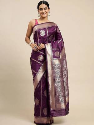 Purple ethnic motifs woven design zari art silk banarasi saree 1