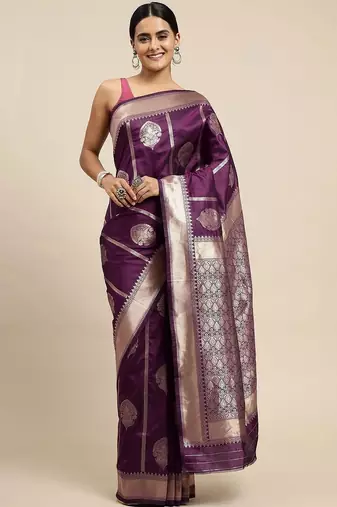 Purple ethnic motifs woven design zari art silk banarasi saree