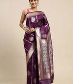Purple ethnic motifs woven design zari art silk banarasi saree