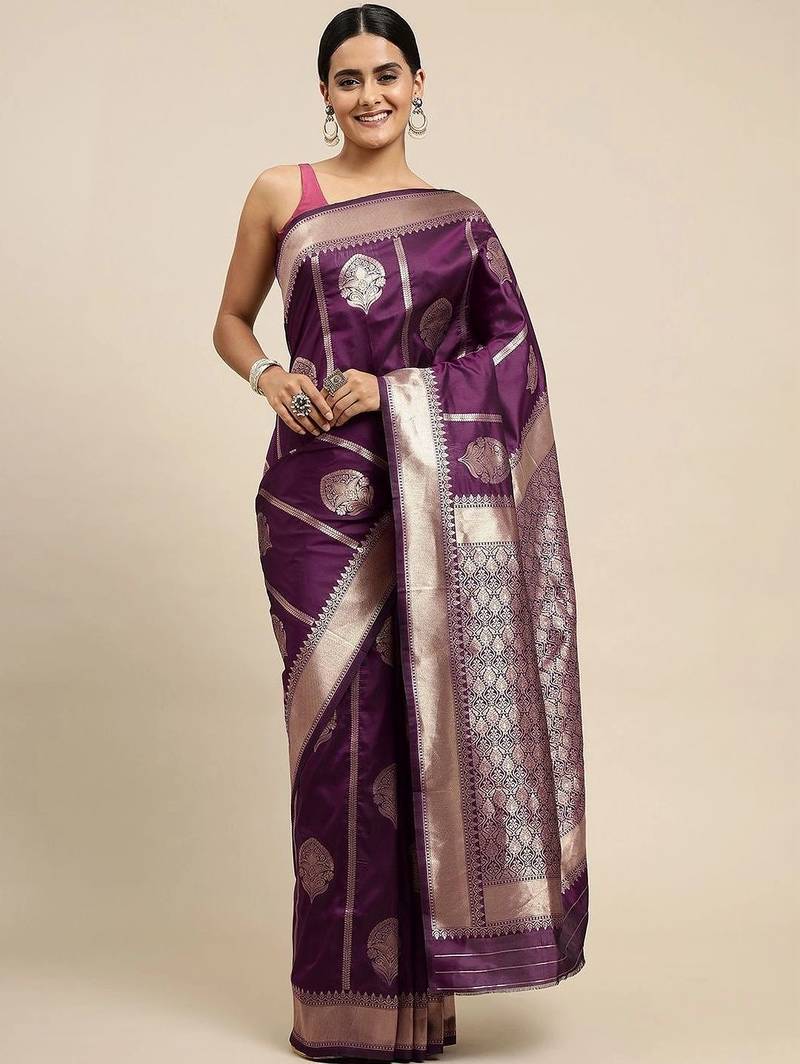Purple ethnic motifs woven design zari art silk banarasi saree
