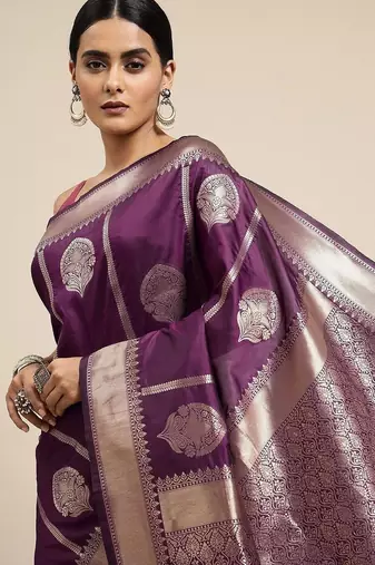 Purple ethnic motifs woven design zari art silk banarasi saree
