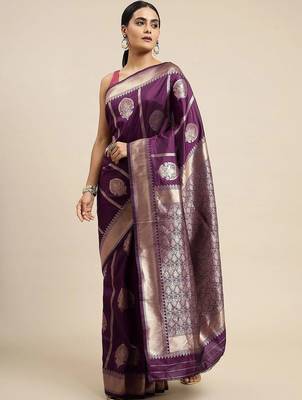 Purple ethnic motifs woven design zari art silk banarasi saree 3
