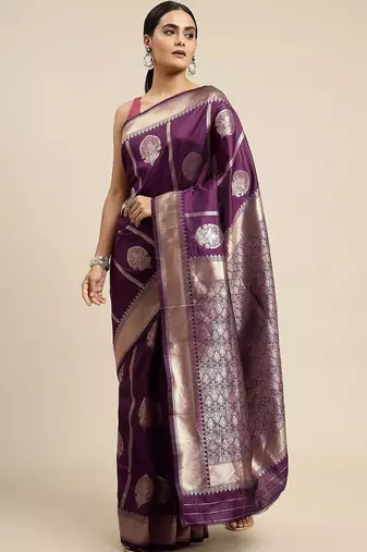 Purple ethnic motifs woven design zari art silk banarasi saree