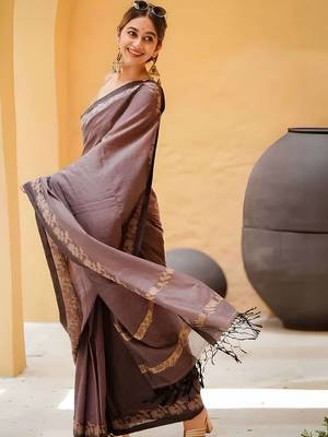 Purple woven design linen blend saree 2