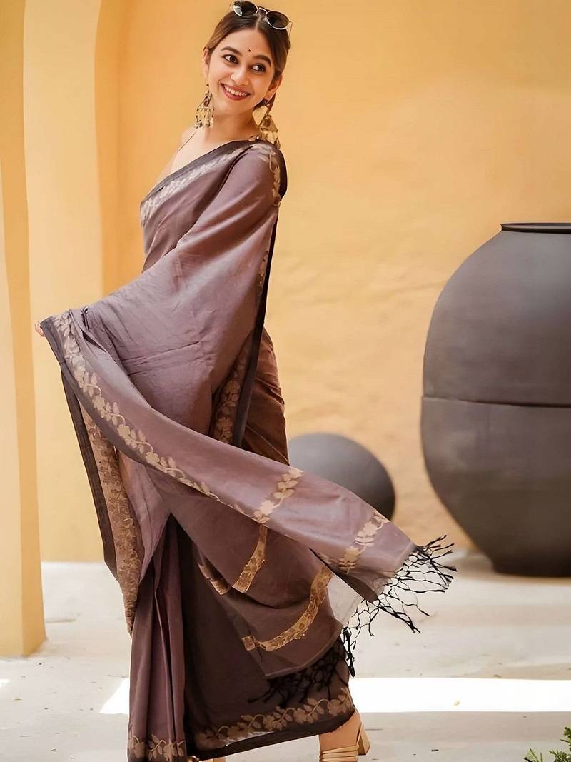 Purple woven design linen blend saree