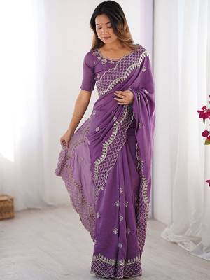 Purple ethnic motifs embroidered beads and stones pure silk saree 1
