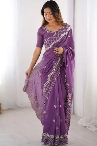 Purple ethnic motifs embroidered beads and stones pure silk saree
