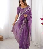 Purple ethnic motifs embroidered beads and stones pure silk saree
