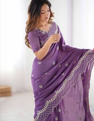 Purple ethnic motifs embroidered beads and stones pure silk saree 2