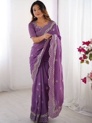 Purple ethnic motifs embroidered beads and stones pure silk saree 3
