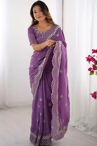Purple ethnic motifs embroidered beads and stones pure silk saree