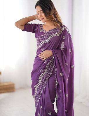 Purple ethnic motifs embroidered beads and stones pure silk saree 4