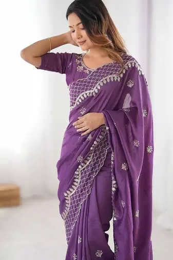 Purple ethnic motifs embroidered beads and stones pure silk saree