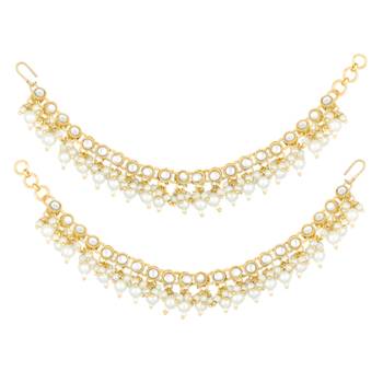 Gold plated white kundan studded earrings chain ethnic stylish fashion hair accessories jewellery gift for women 1